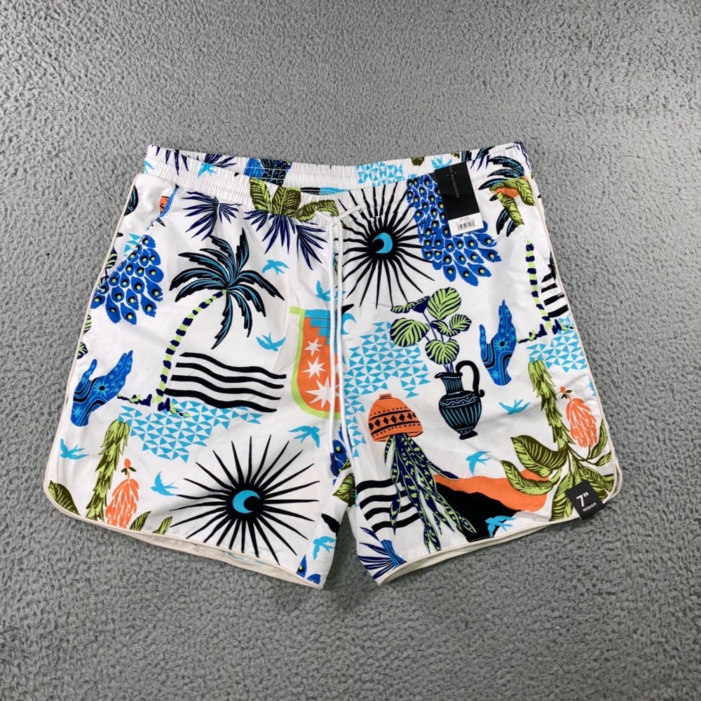 Men Swim Trunks Large 7" Tropical Peacock Sunburst White Vacation Coastal NWT